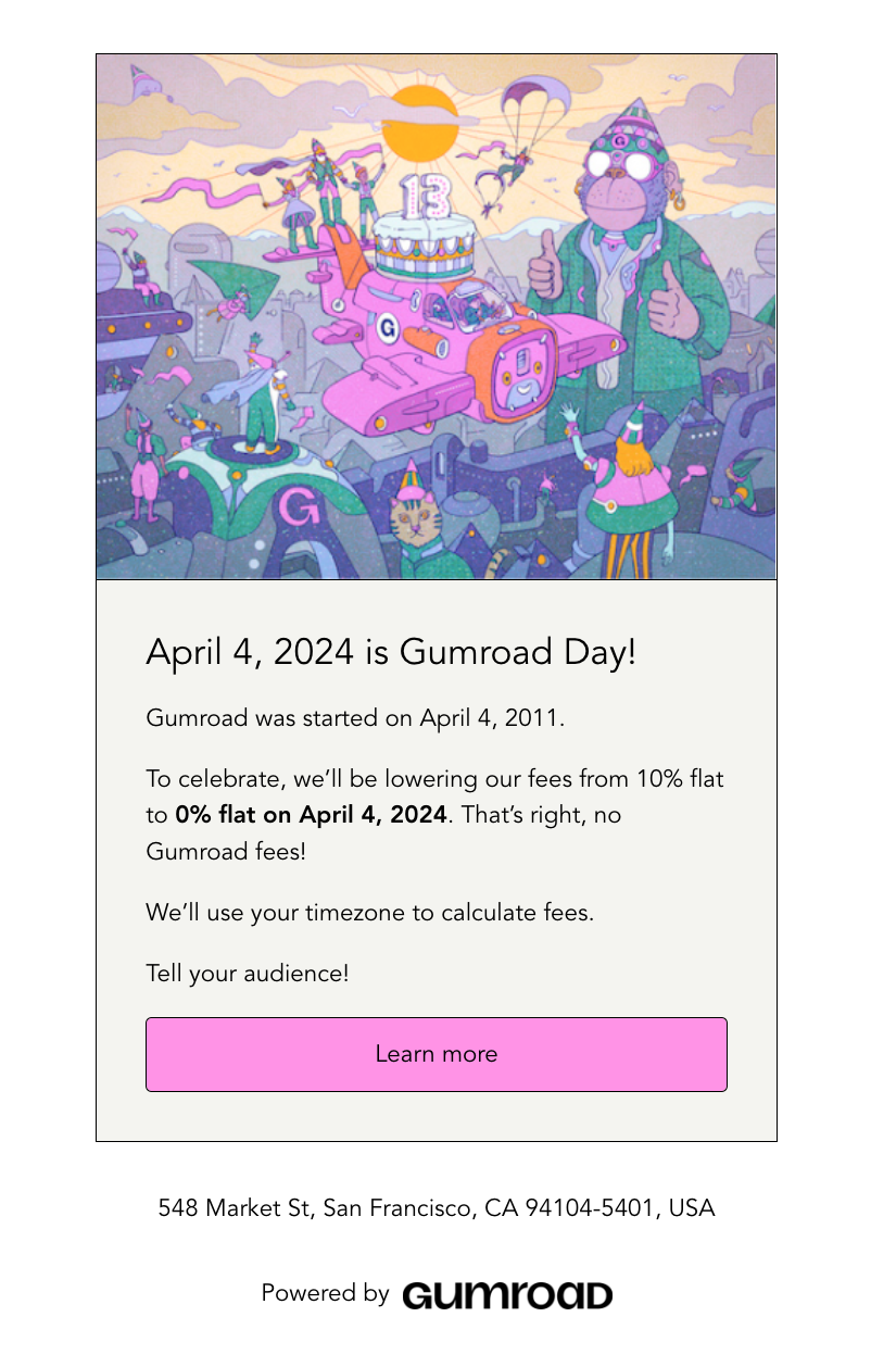 Email Engagement Content Ideas: Screenshot of Gumroad's email urging users to avail of a limited discount