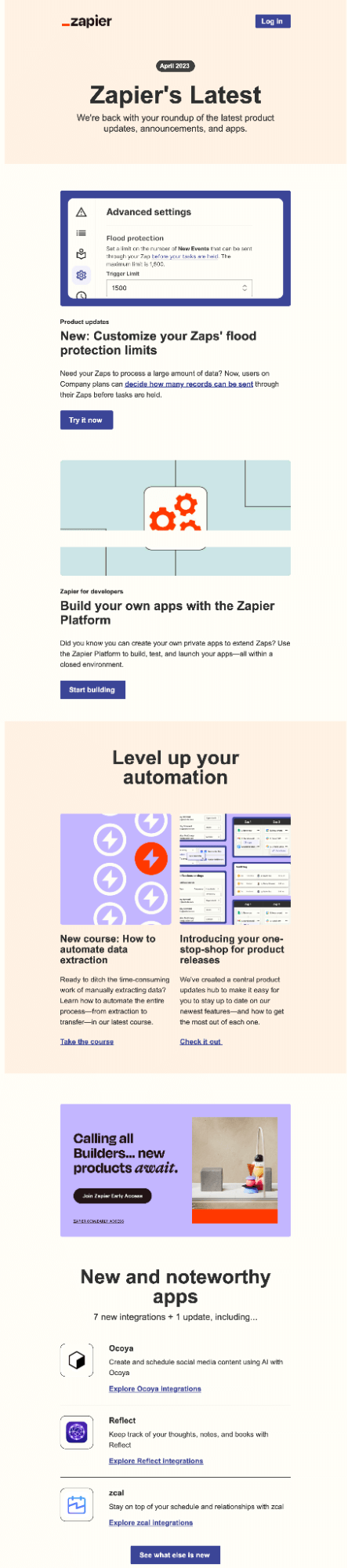 Email Engagement Content Ideas: Screenshot of Zapier's email about their product updates