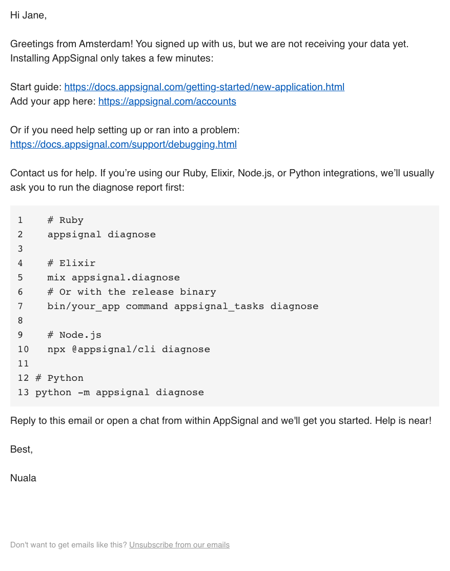 Email Marketing for Devtools: Screenshot of AppSignal's email that includes a code snippet