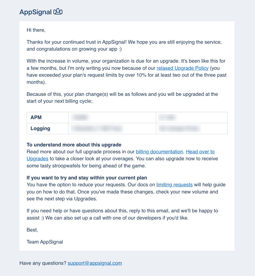 Email Marketing for Devtools: Screenshot of AppSignal's upgrade email