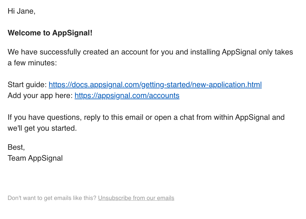 Email Marketing for Devtools: Screenshot of AppSignal's welcome email