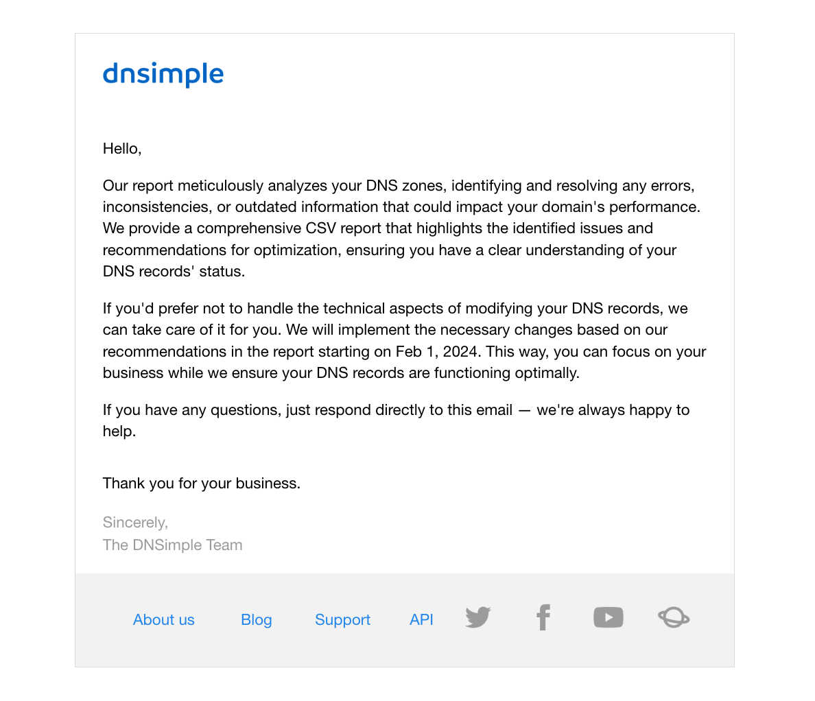 Email Marketing for Devtools: Screenshot of DNSimple's email featuring account reports
