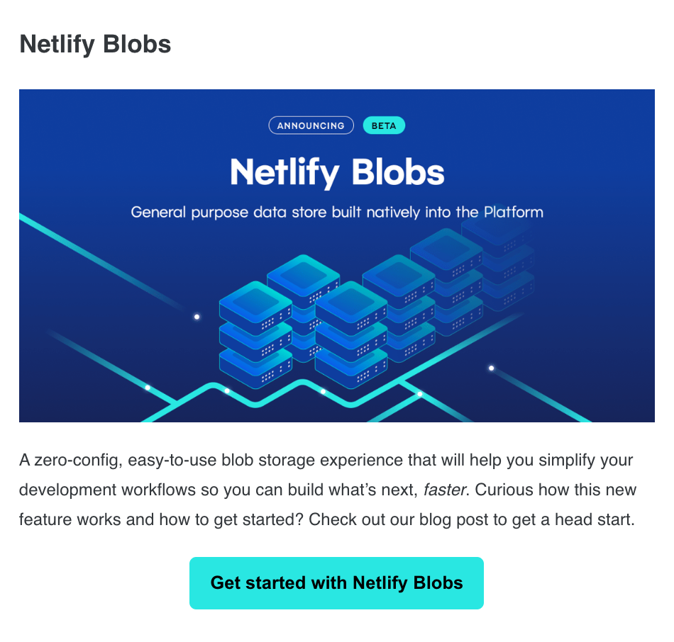 Email Marketing for Devtools: Screenshot of Netlify's email about their new feature announcement