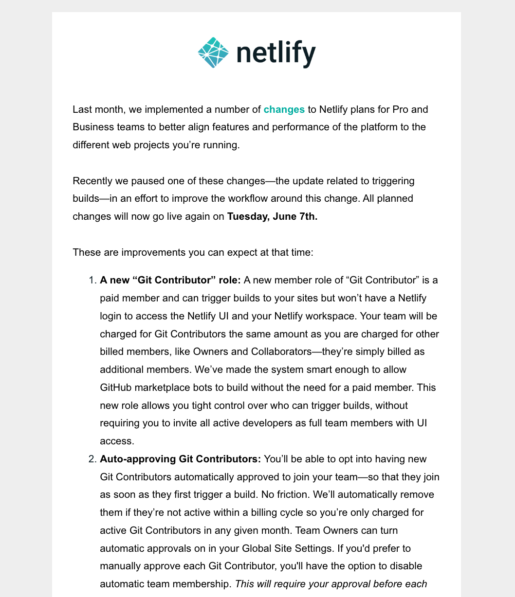 Email Marketing for Devtools: Screenshot of Netlify's pricing update email