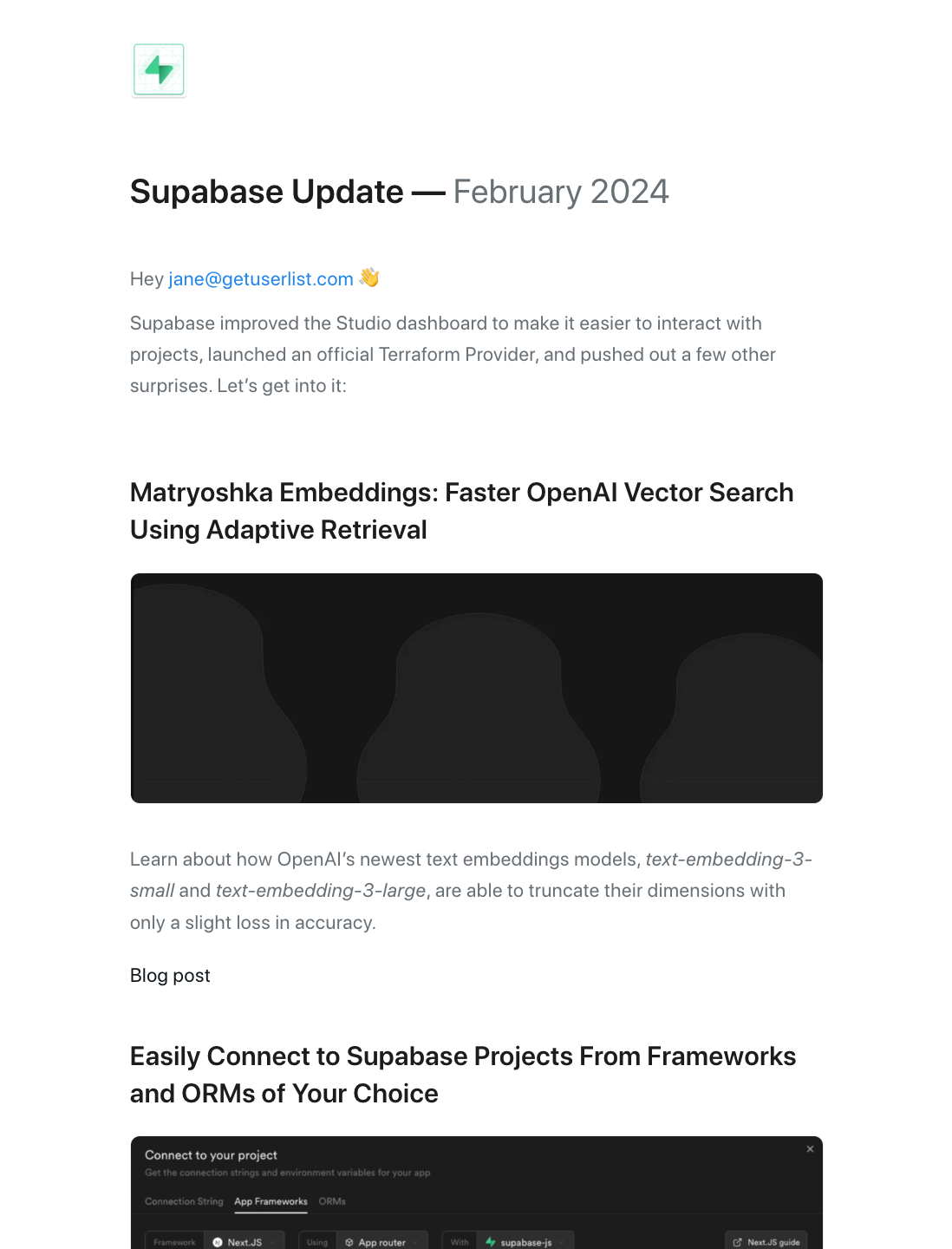 Email Marketing for Devtools: Screenshot of Supabase's newsletter