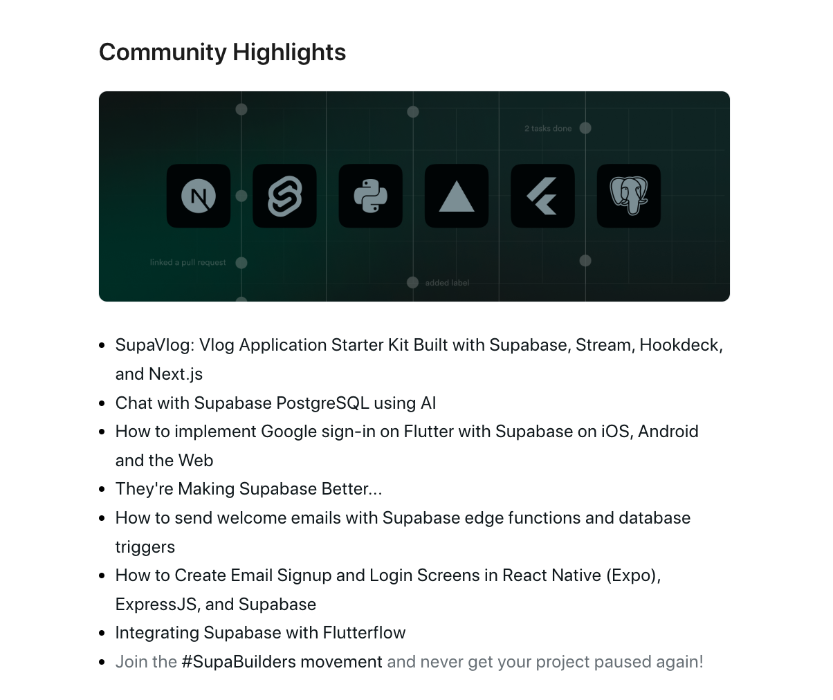 Email Marketing for Devtools: Screenshot of Supabase's email featuring community highlights