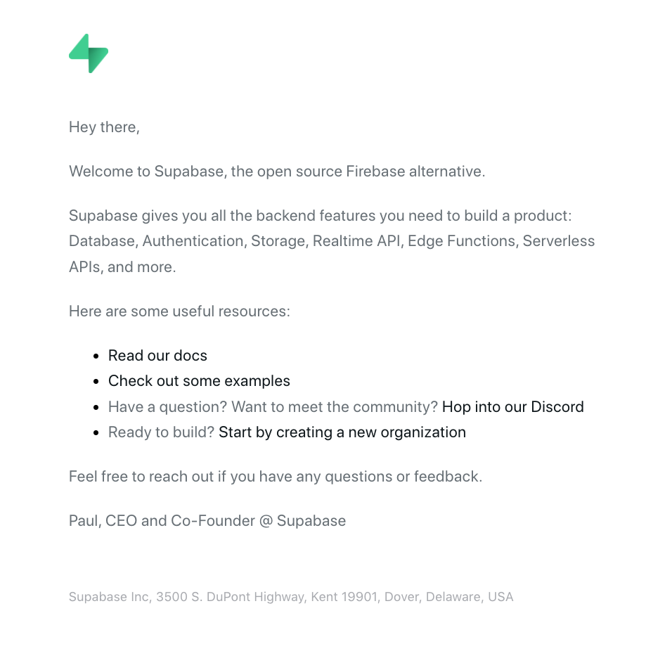 Email Marketing for Devtools: Screenshot of Supabase's welcome email