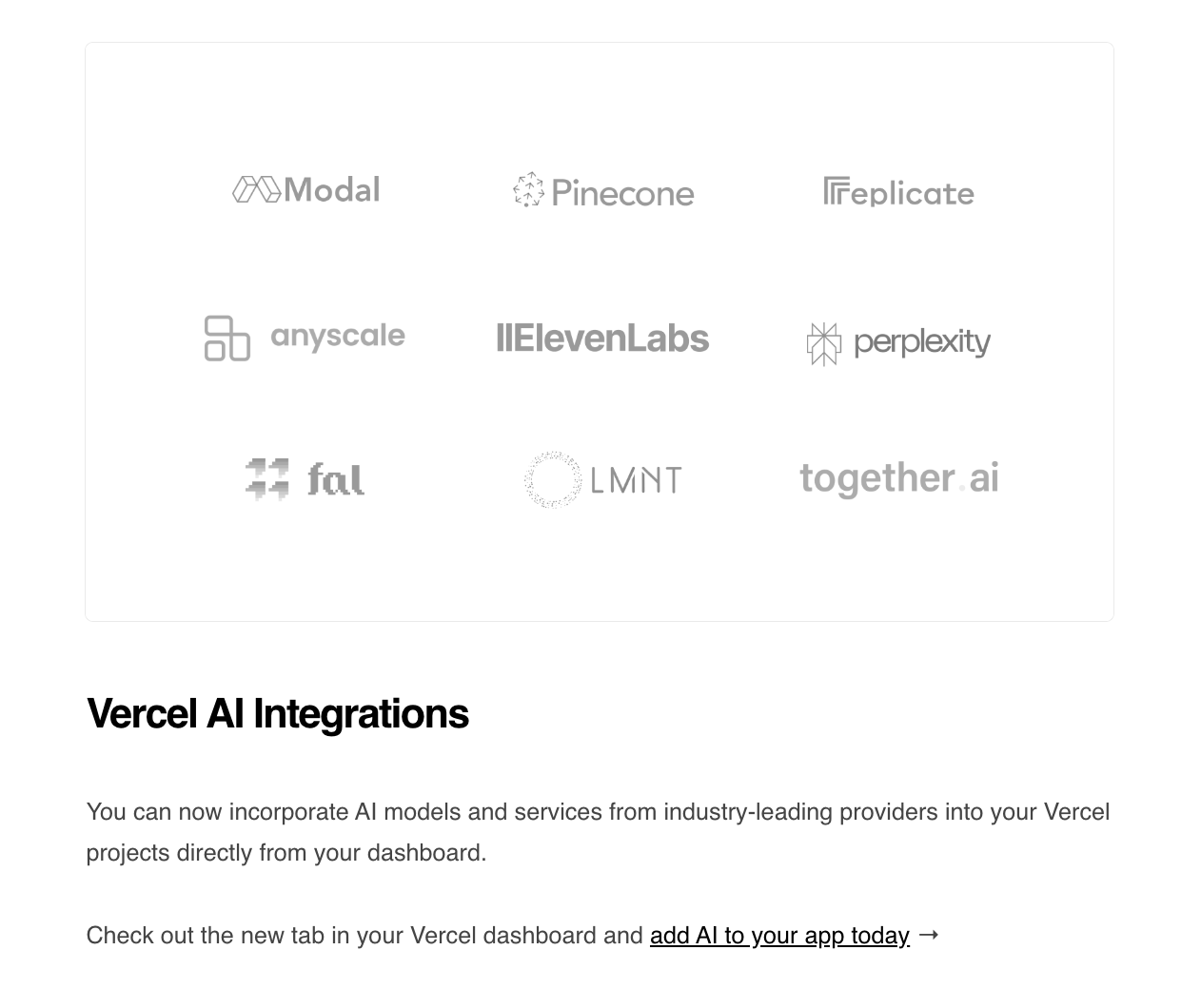 Email Marketing for Devtools: Screenshot of Vercel's email about their AI integrations