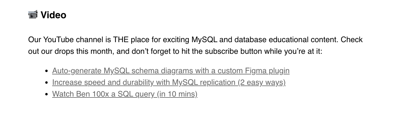 Email Marketing for Devtools: Screenshot of PlanetScale's email featuring their video list