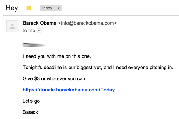 SaaS Subject Email Lines: Screenshot of Barack Obama's email campaign