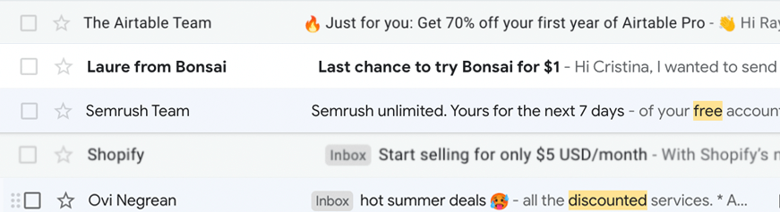 SaaS Subject Email Lines: Examples of email subject lines with discounts and offers