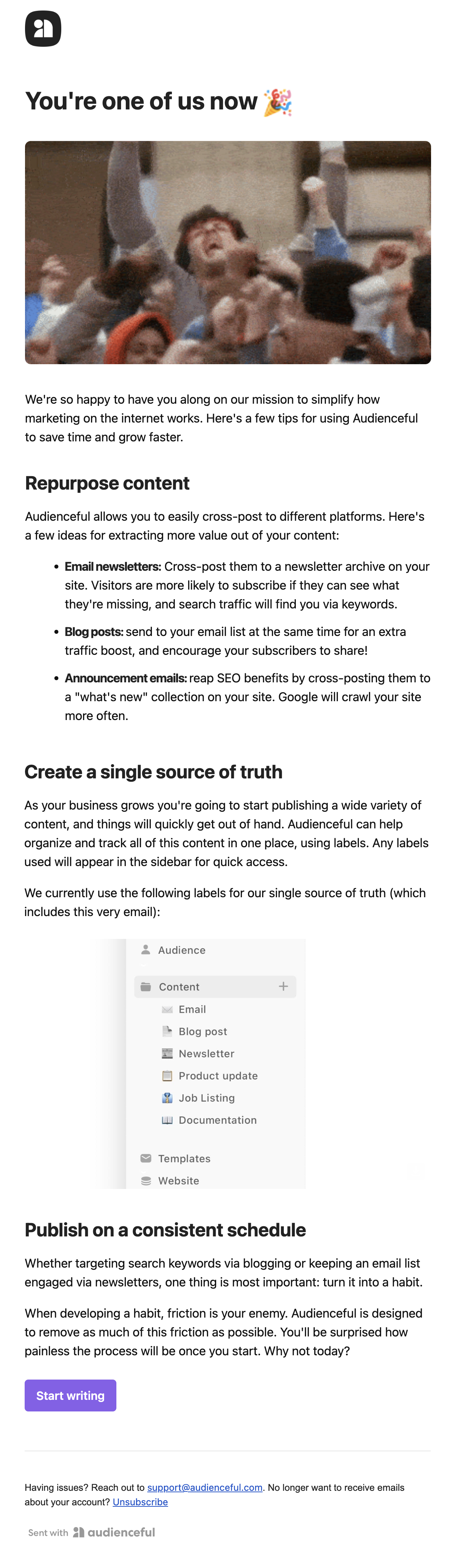 GIFs in SaaS Emails: Screenshot of Audienceful's welcome email