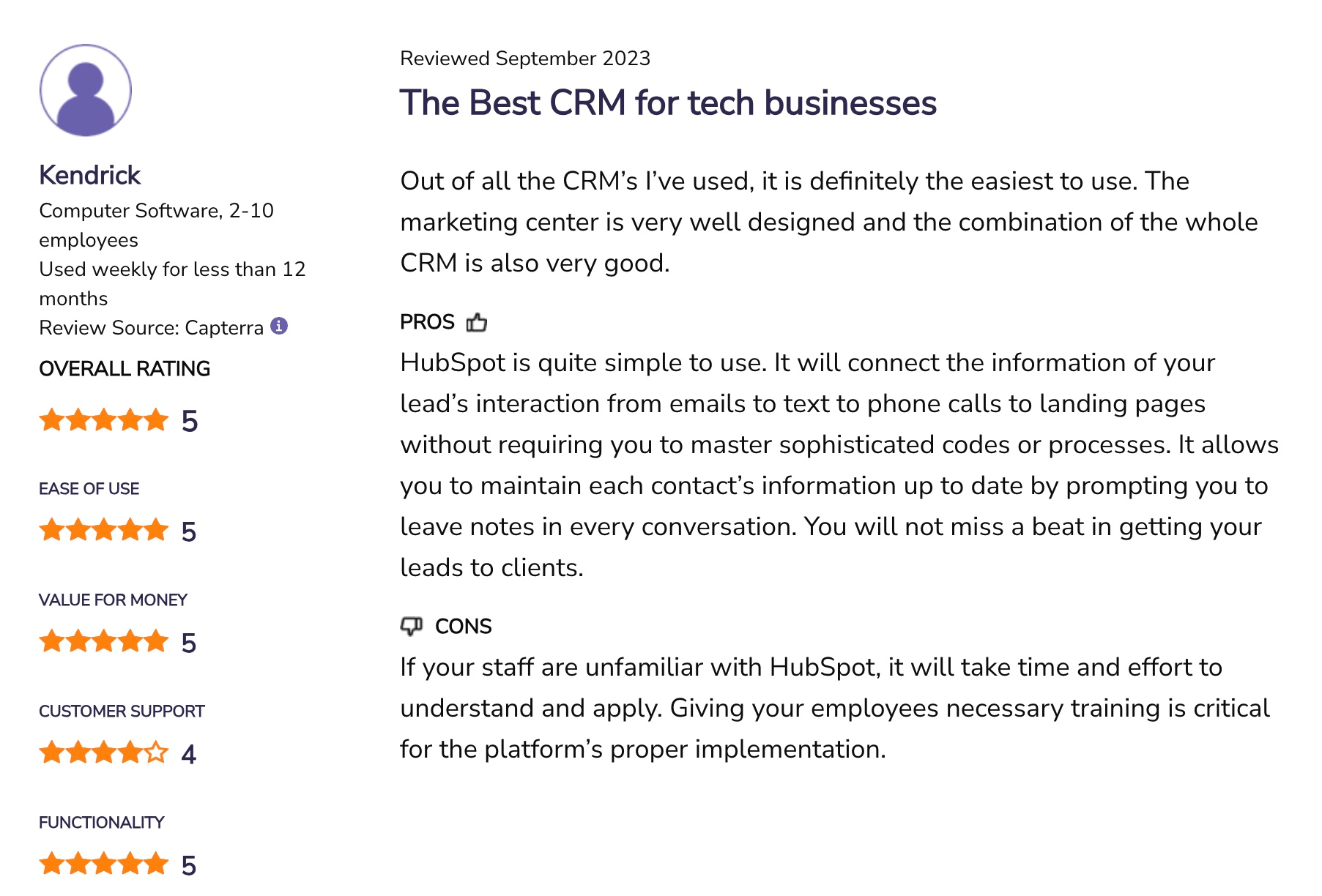 HubSpot Alternatives: Screenshot of a HubSpot review that talks about product complexity