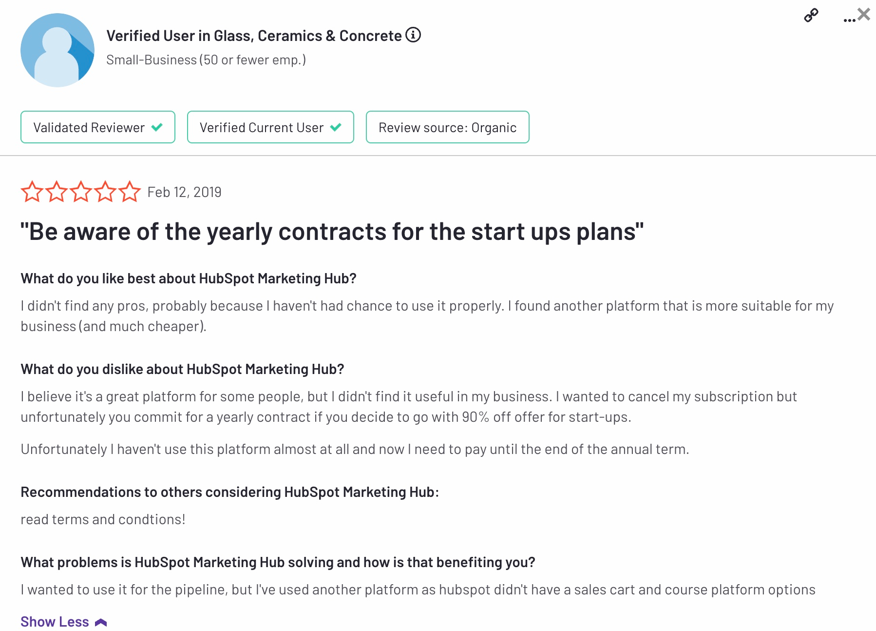 HubSpot Alternatives: Screenshot of a HubSpot review that talks about their lock-in contracts