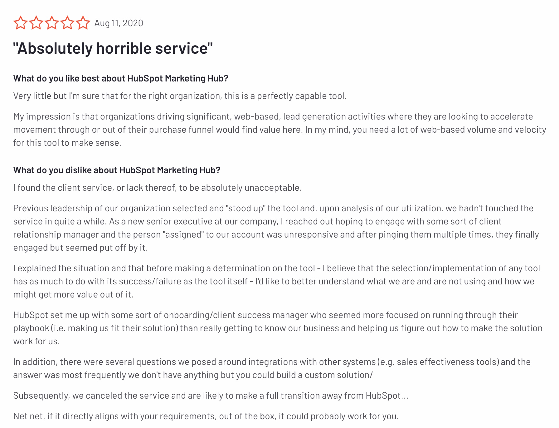 HubSpot Alternatives: Screenshot of a HubSpot review that talks about the poor customer service
