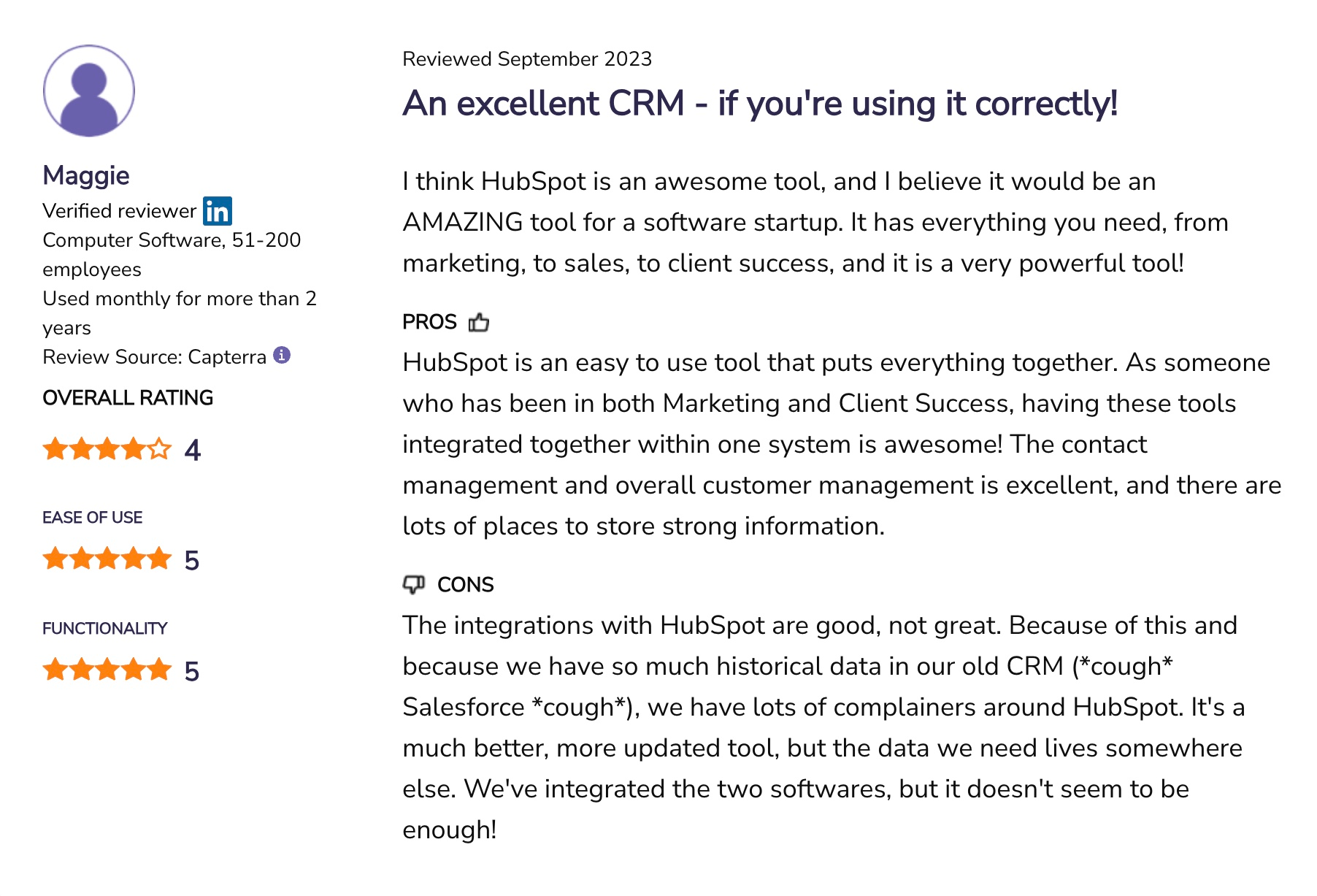 HubSpot Alternatives: Screenshot of a HubSpot review that talks about integration issues