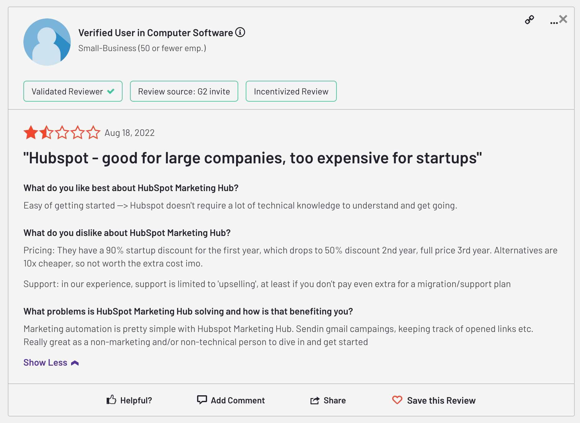 HubSpot Alternatives: Screenshot of a HubSpot review that talks about their inaccessible pricing for small businesses