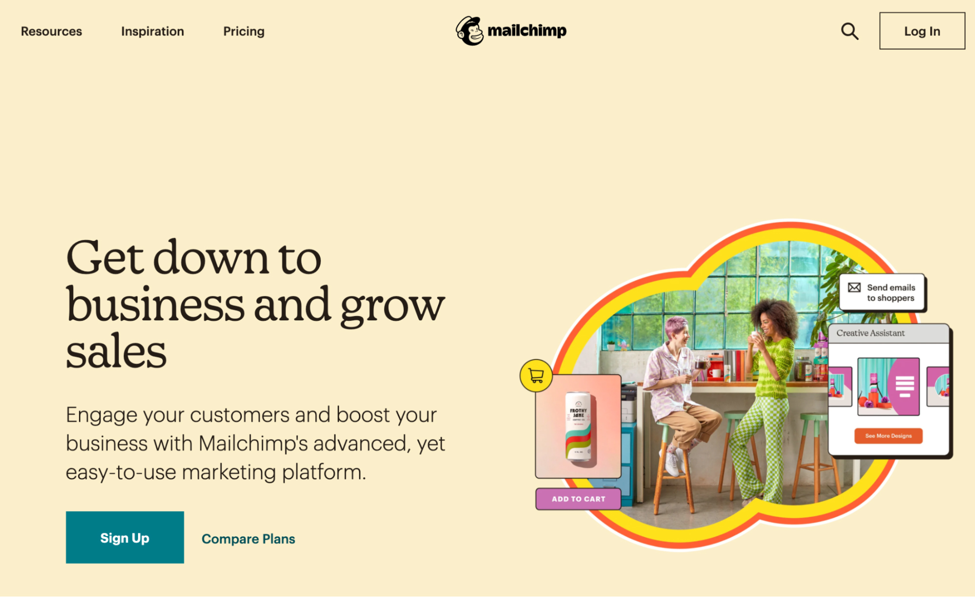 Mailchimp’s new homepage outlining the new positioning.