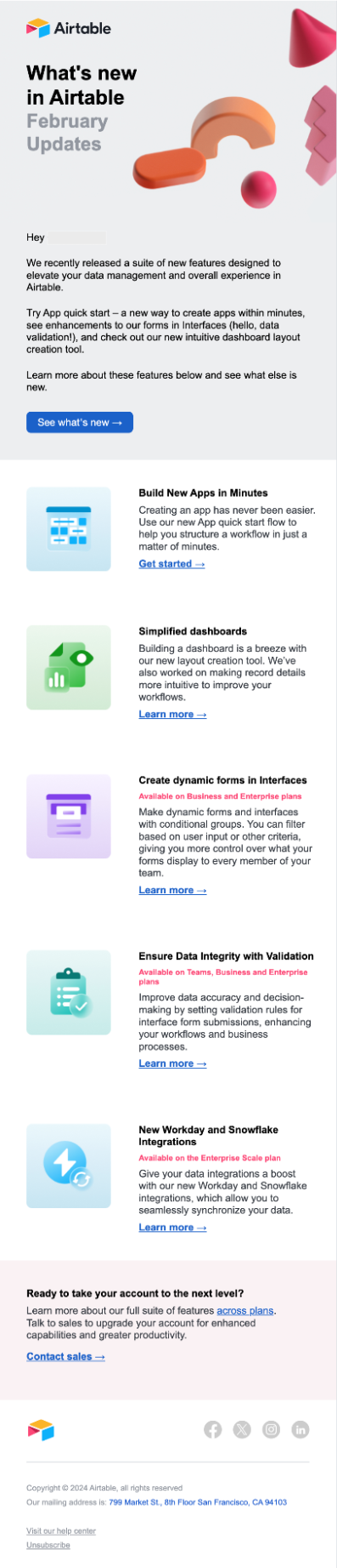 New Feature Announcement Emails: Screenshot of Airtable's new feature roundup email