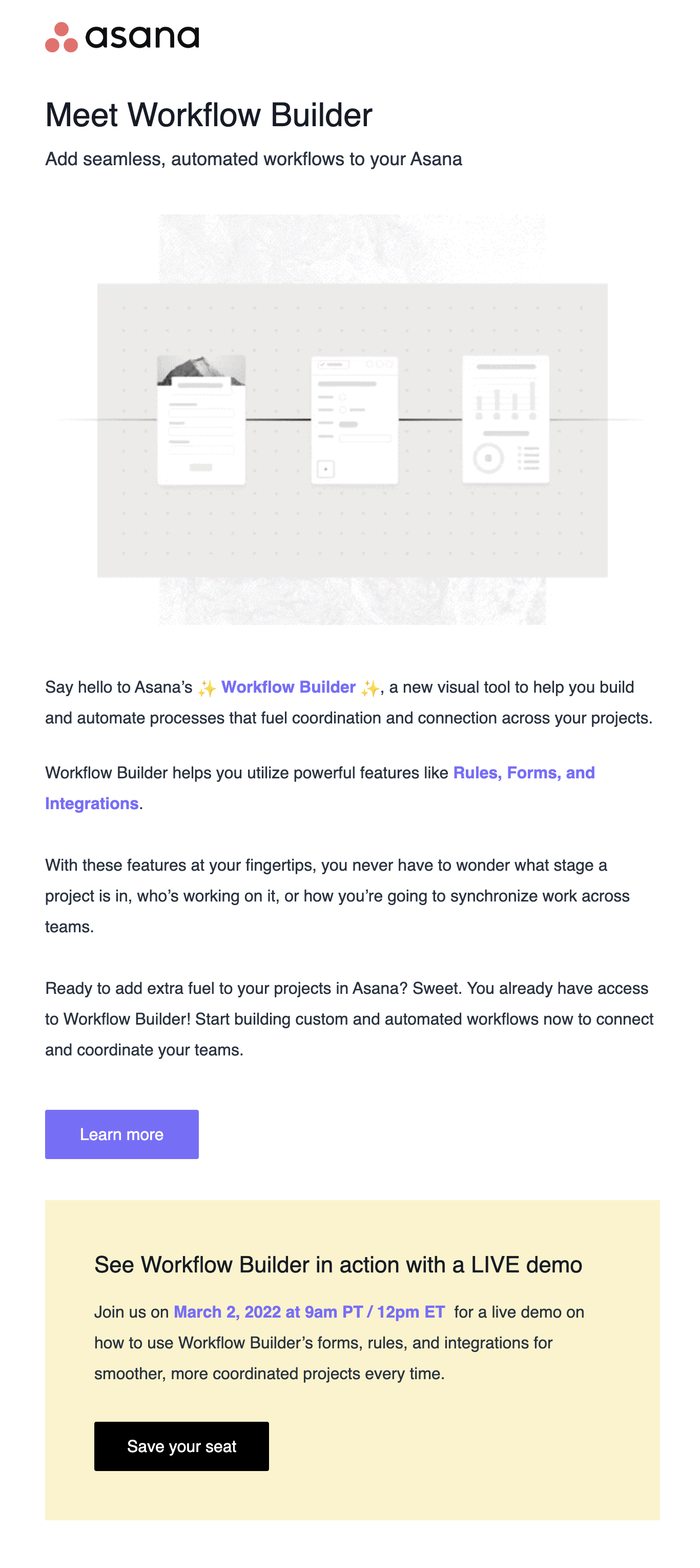 New Feature Announcement Emails: Screenshot of Asana's email talking about their latest feature