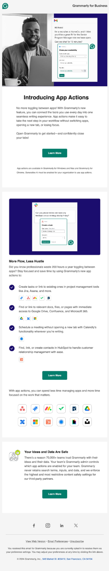 New Feature Announcement Emails: Screenshot of Grammarly's email talking about their latest feature