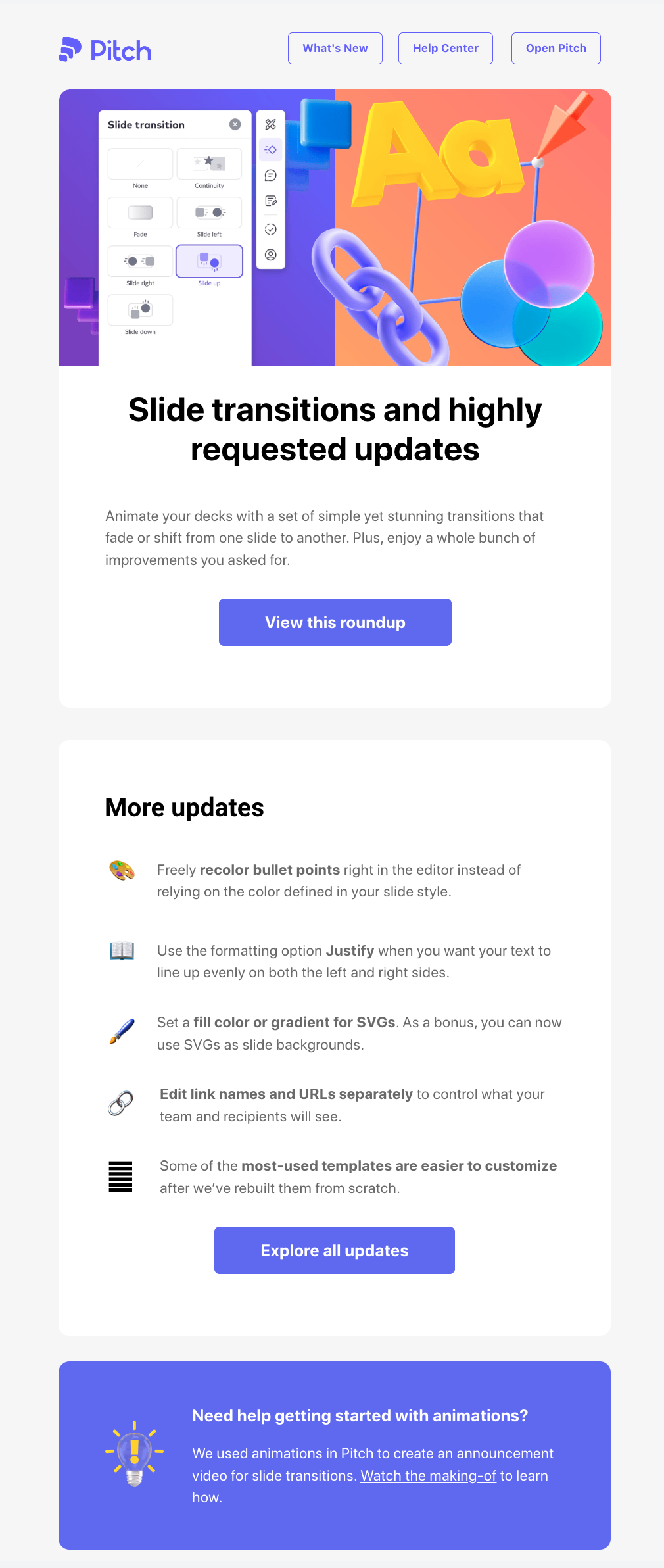 New Feature Announcement Emails: Screenshot of Pitch's feature roundup email