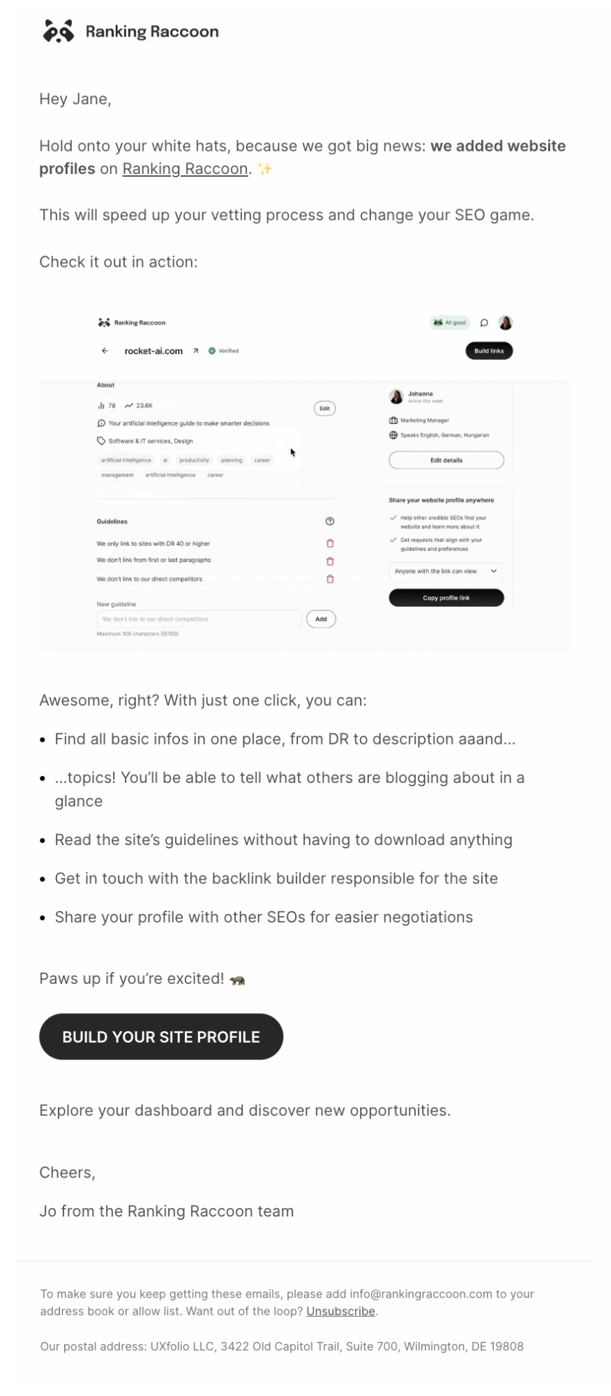 GIFs in SaaS Emails: Screenshot of Ranking Raccoon's feature announcement email