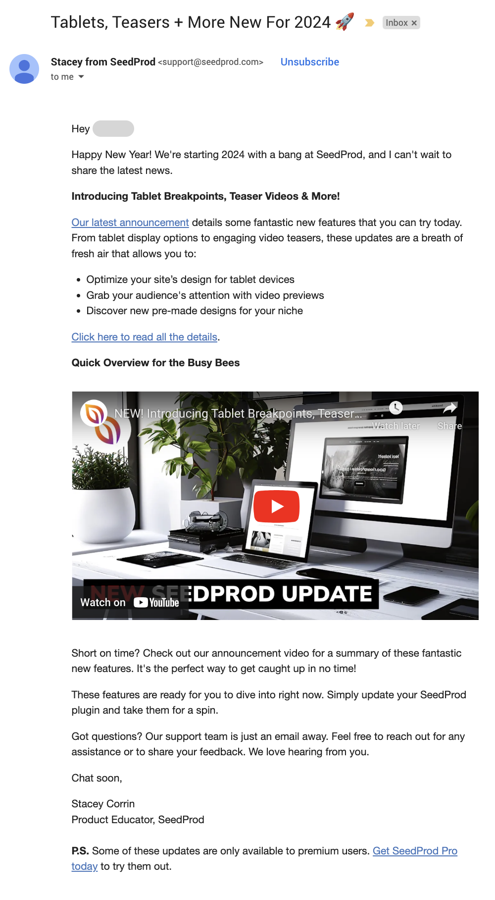 New Feature Announcement Emails: Screenshot of SeedProd's new feature roundup email