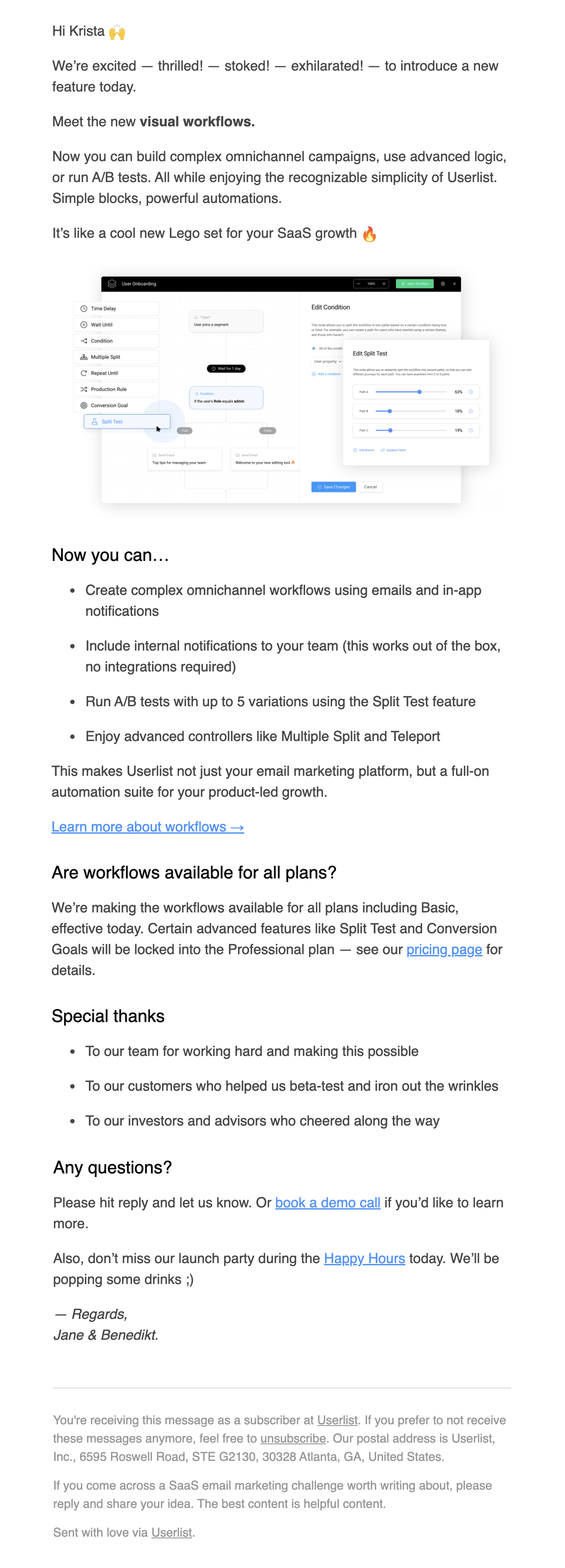 New Feature Announcement Emails: Screenshot of Userlist's email talking about their latest feature