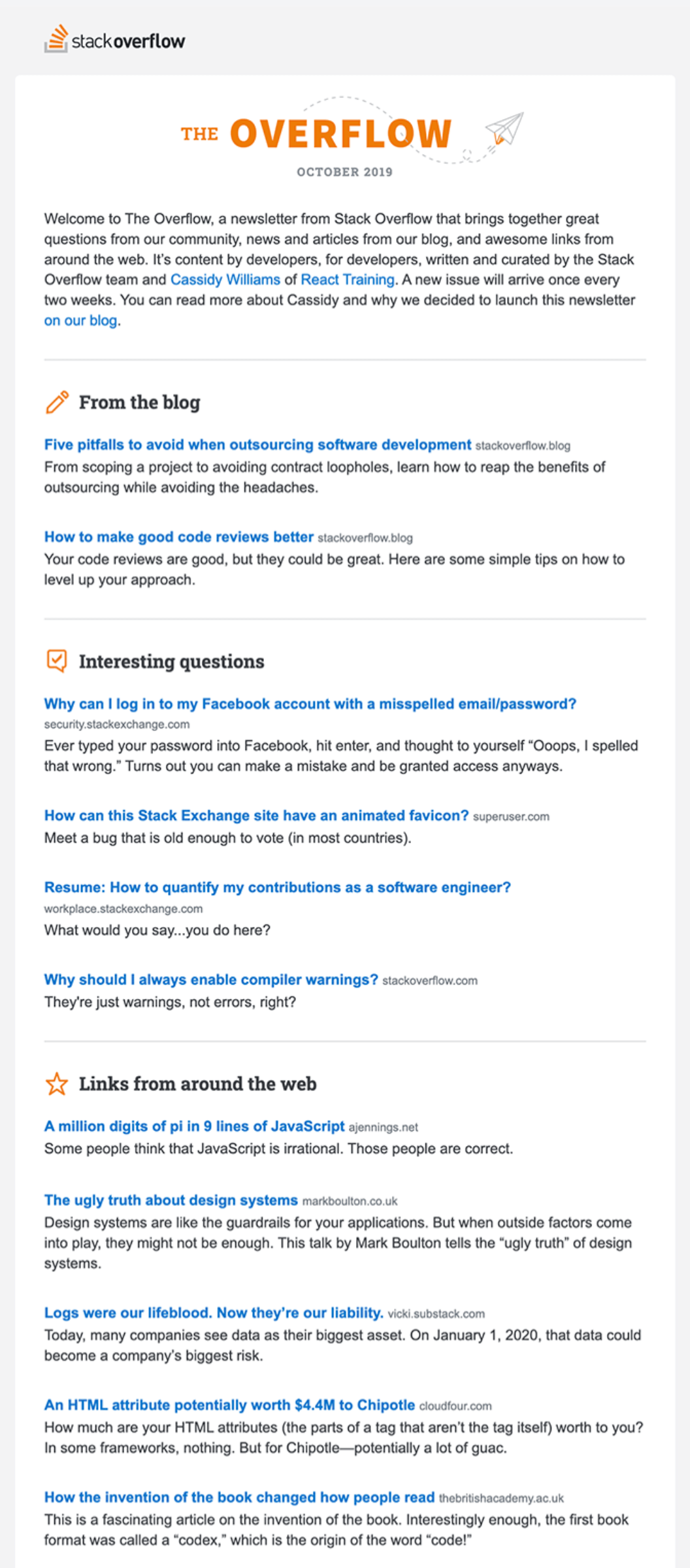 SaaS Newsletter Examples: Screenshot of Stack Overflow's newsletter