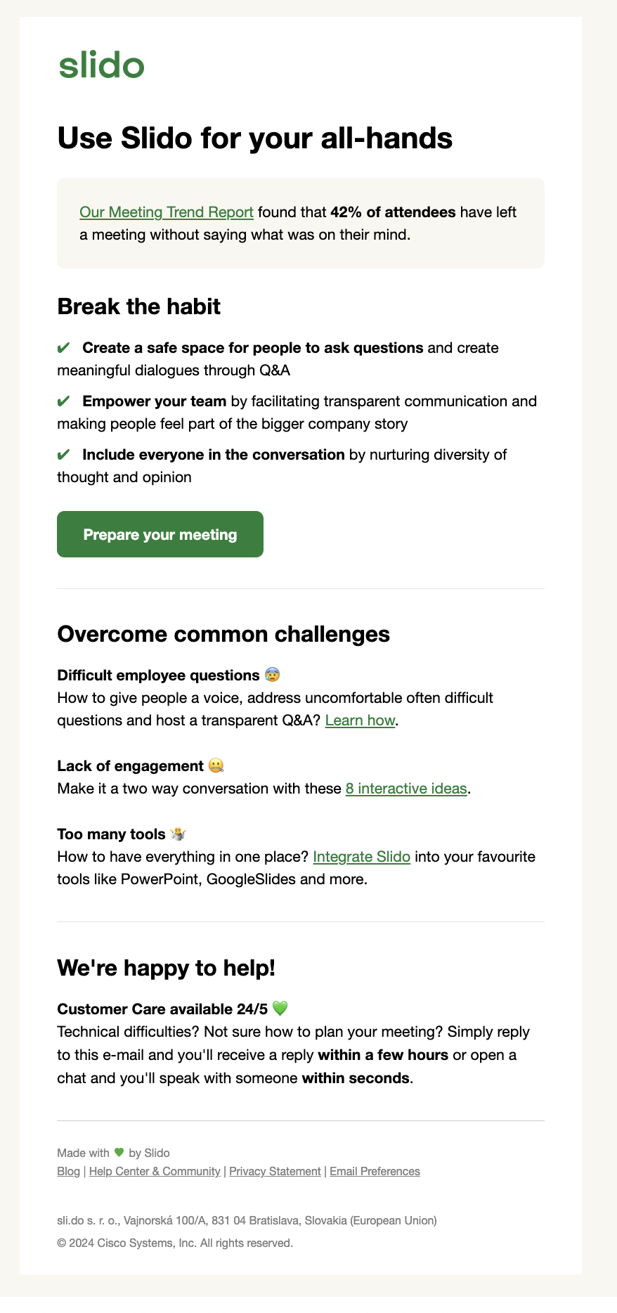 Addressing Obstacles and Anxieties in SaaS Onboarding Emails: Screenshot of Slido's email