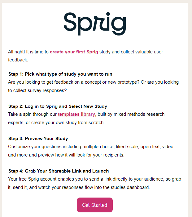 Addressing Obstacles and Anxieties in SaaS Onboarding Emails: Screenshot of Sprig's email