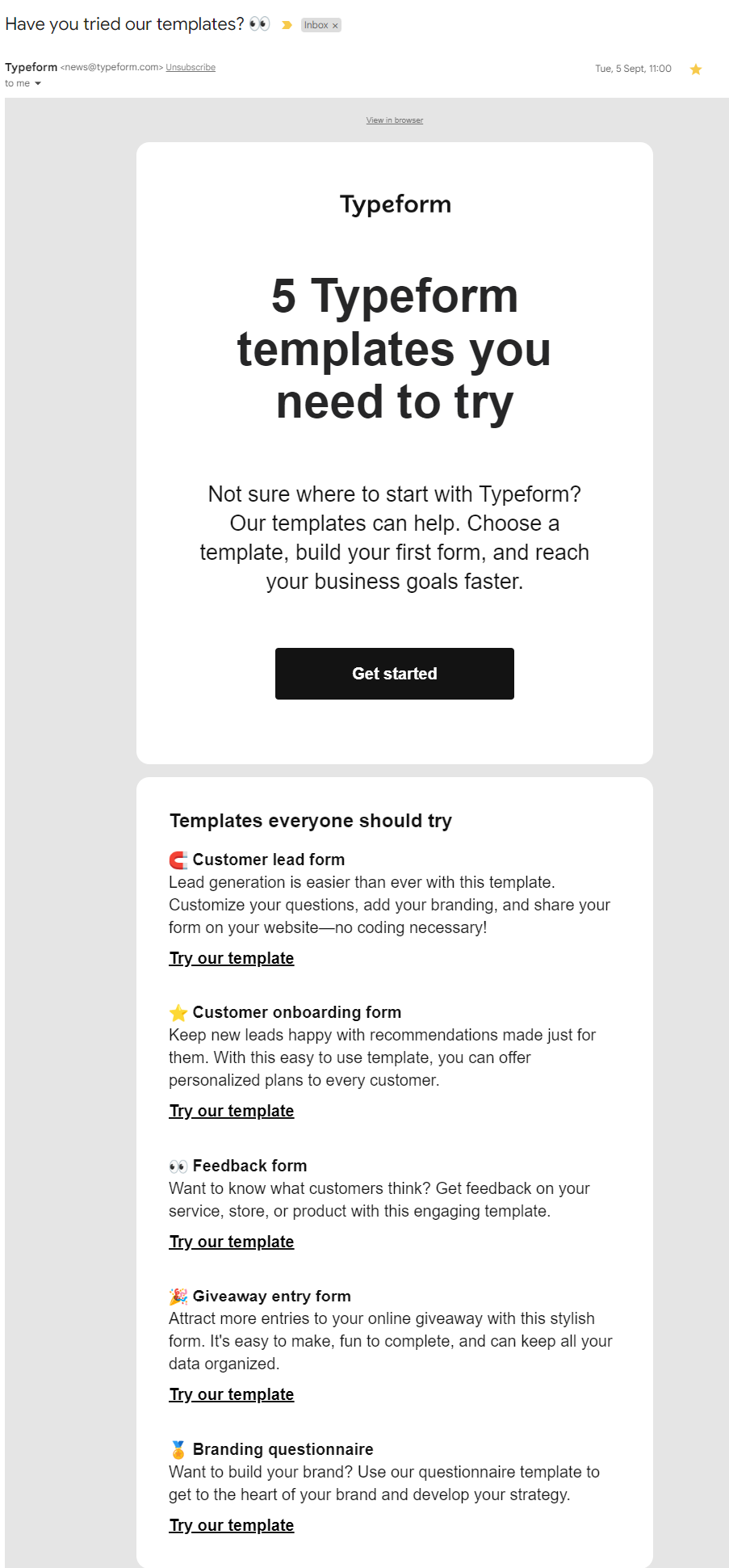 Addressing Obstacles and Anxieties in SaaS Onboarding Emails: Screenshot of Typeform's email