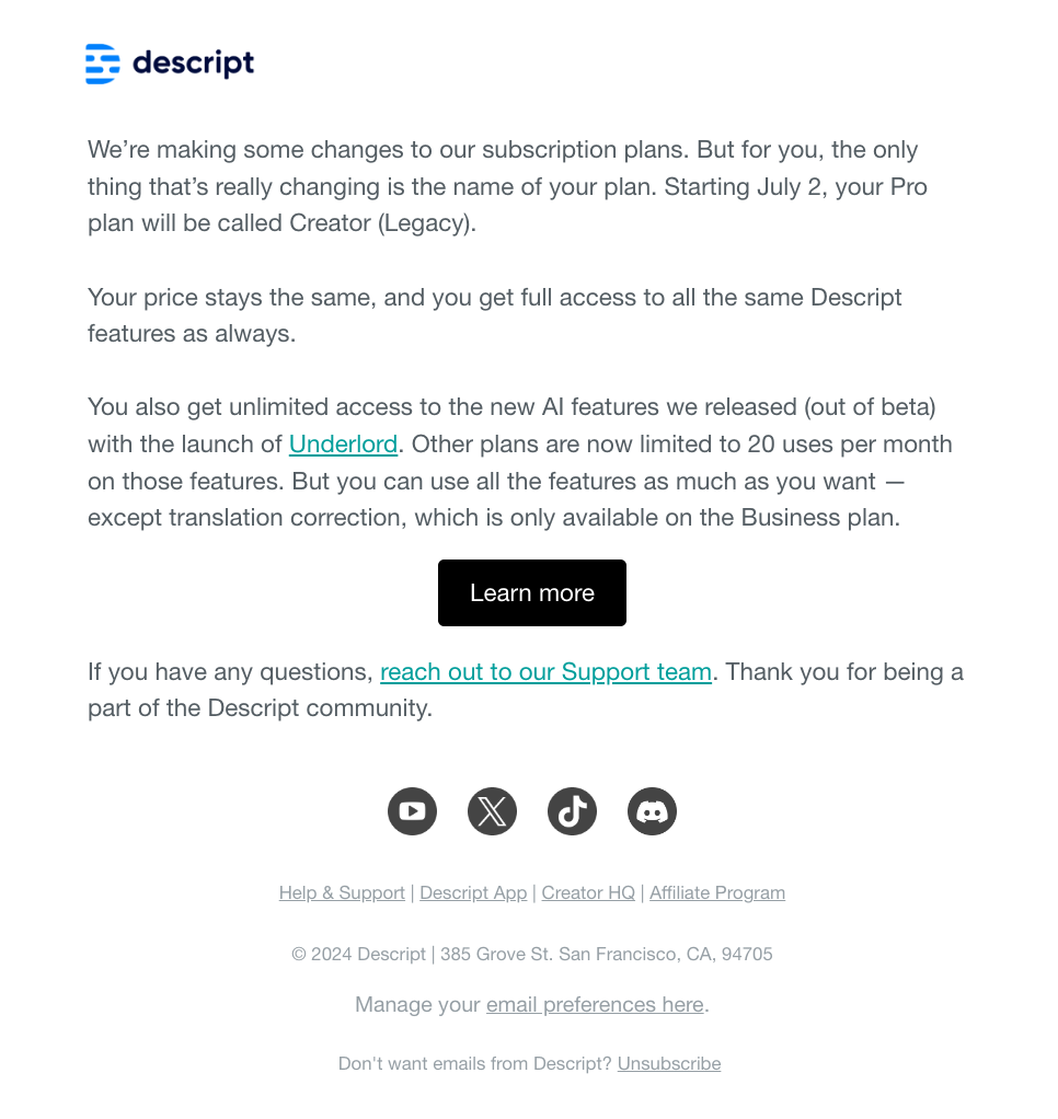 SaaS Pricing Update Emails: Screenshot of pricing update email from Descript