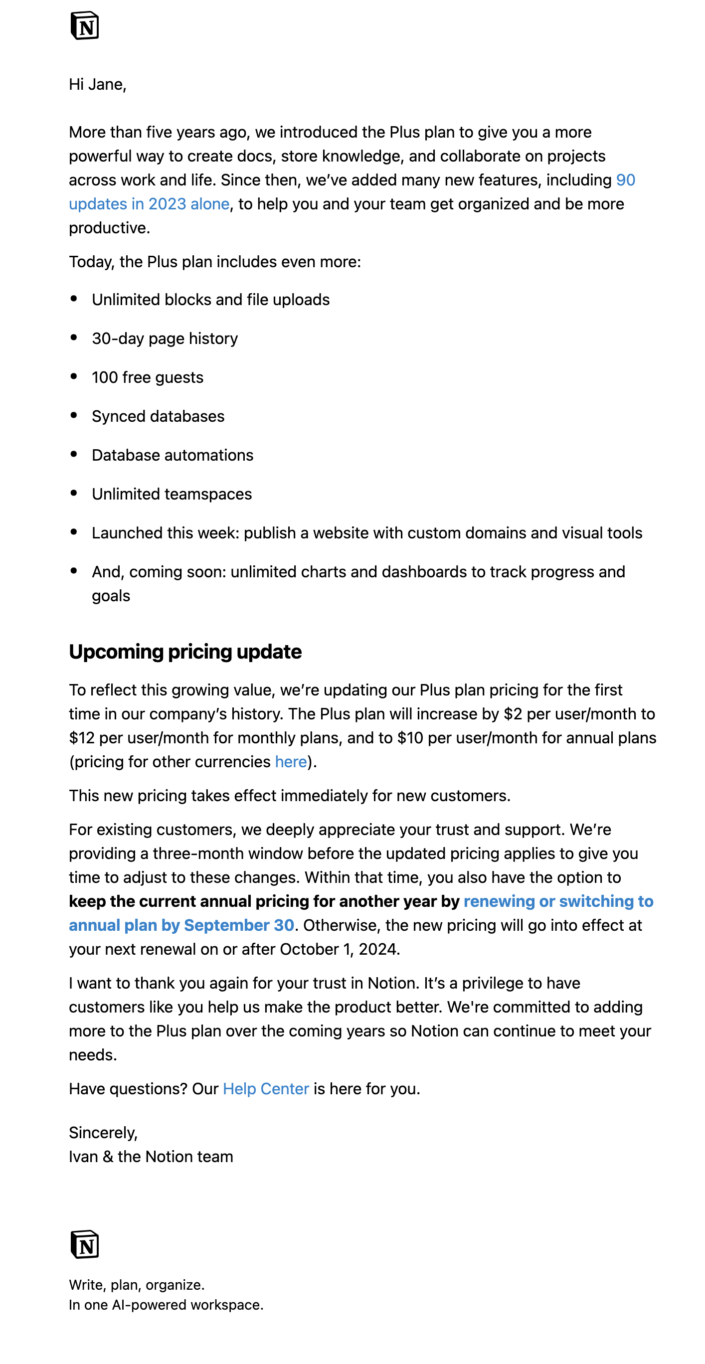 SaaS Pricing Update Emails: Screenshot of pricing update email from Notion