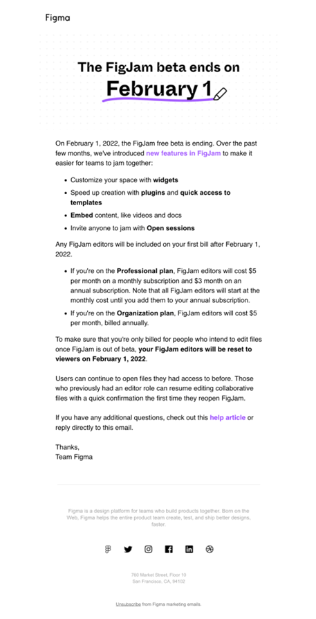 SaaS Pricing Update Emails: Screenshot of pricing update email from Figma
