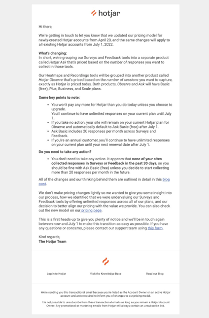 SaaS Pricing Update Emails: Screenshot of pricing update email from Hotjar