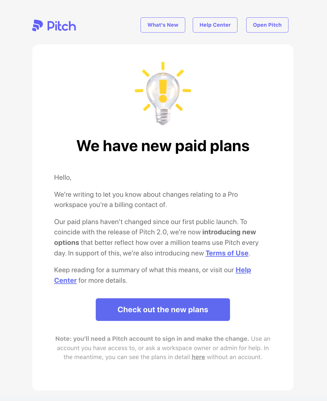 SaaS Pricing Update Emails: Screenshot of pricing update email from Pitch