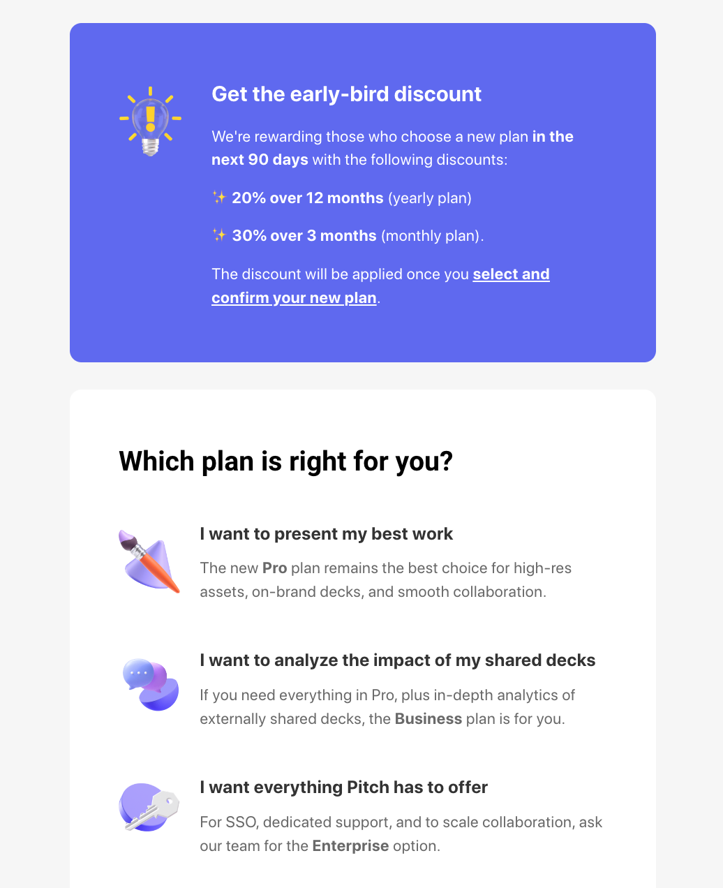 SaaS Pricing Update Emails: Screenshot of pricing update email from Pitch