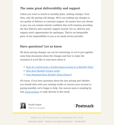 SaaS Pricing Update Emails: Screenshot of pricing update email from Postmark