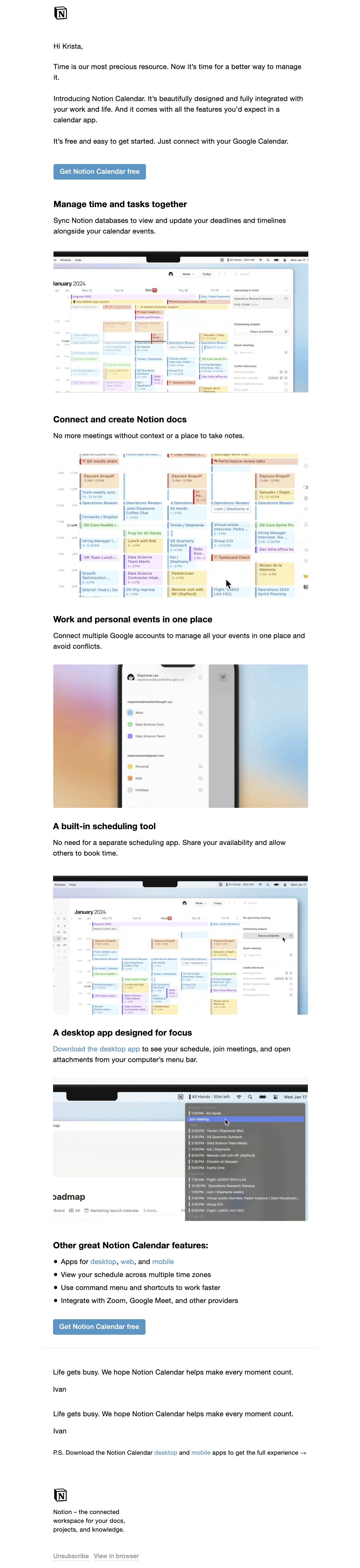 SaaS Product Launch Emails: Screenshot of Notion's launch email for Notion Calendar