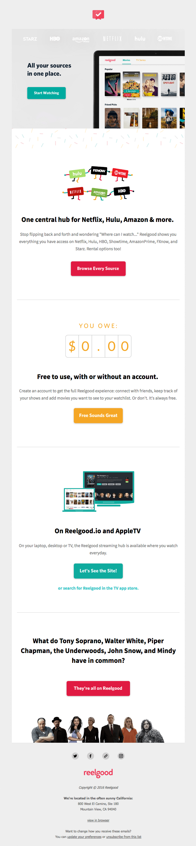 SaaS Product Launch Emails: Screenshot of Reelgood's launch email