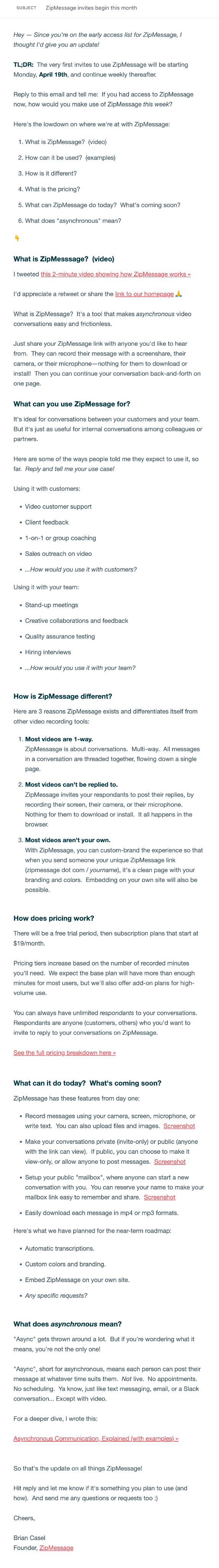 SaaS Product Launch Emails: Screenshot of ZipMessage's launch email