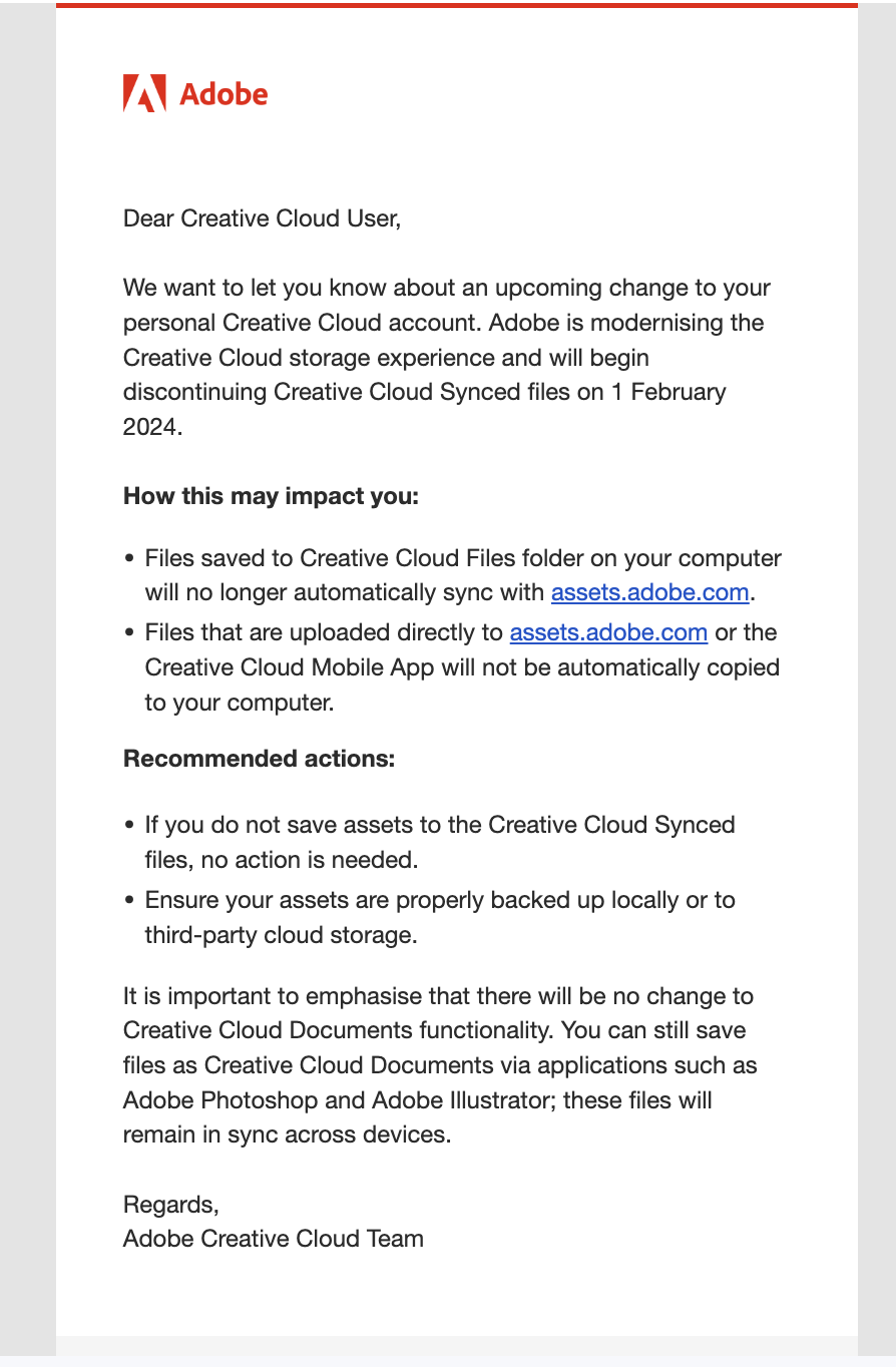 Saas Sunset Emails: Screenshot of Adobe's feature sunset email