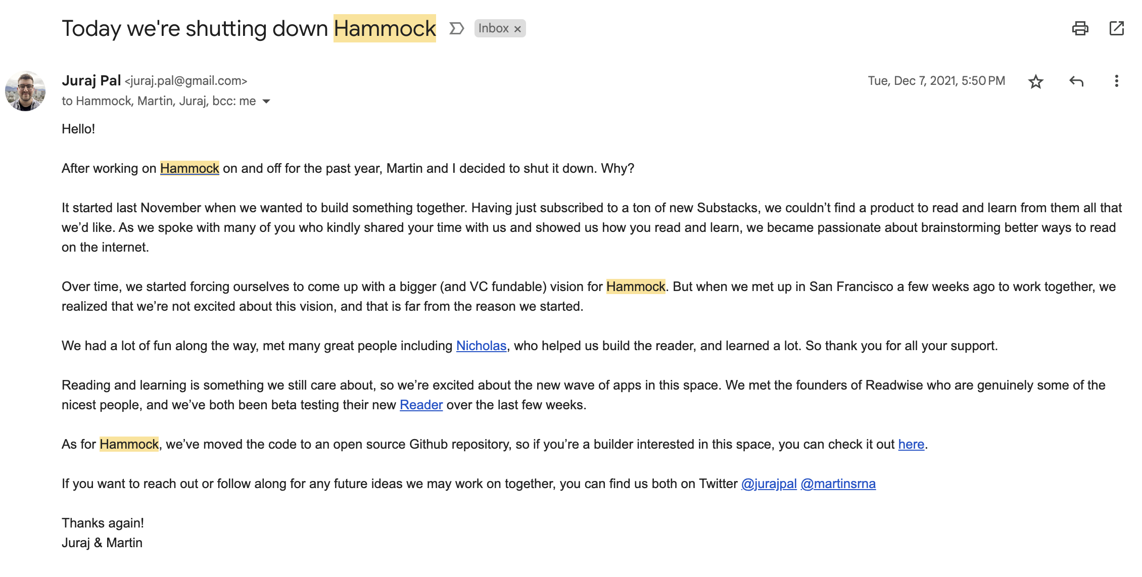 Saas Sunset Emails: Screenshot of Hammock's product sunset email