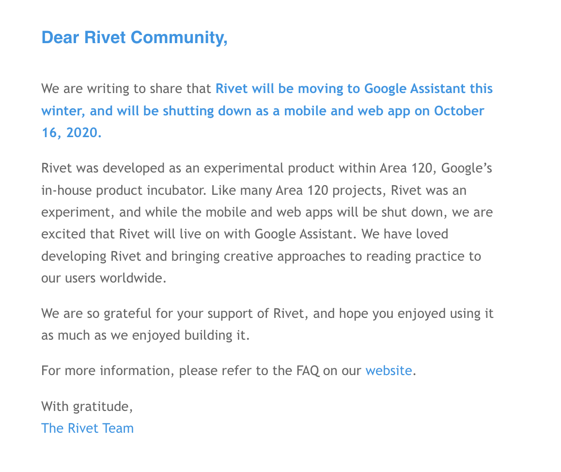 Saas Sunset Emails: Screenshot of Rivet's product sunset email