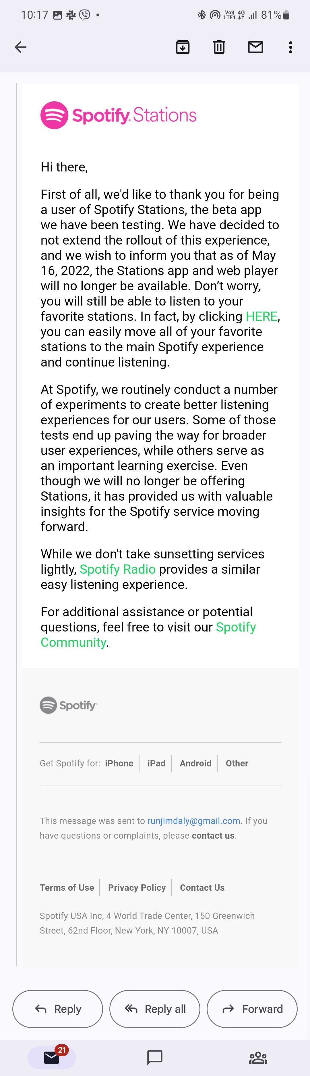Saas Sunset Emails: Screenshot of Spotify Station's product sunset email