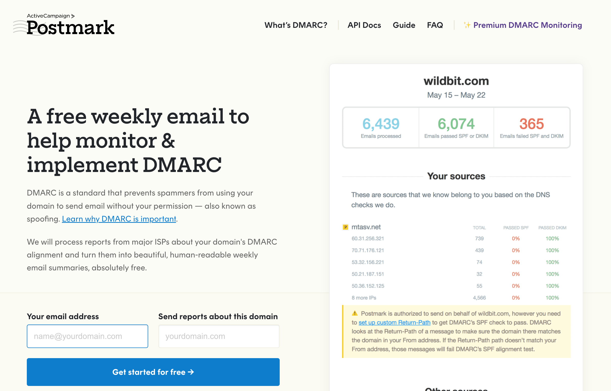 Professional Email Marketing Tools: Screenshot of Postmark's DMARC Weekly page