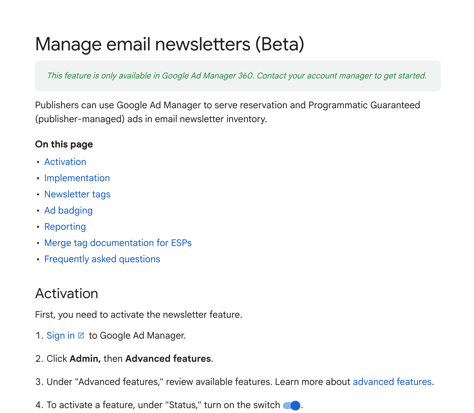 Professional Email Marketing Tools: Screenshot of manage email newsletters in Google Ad Manager docs