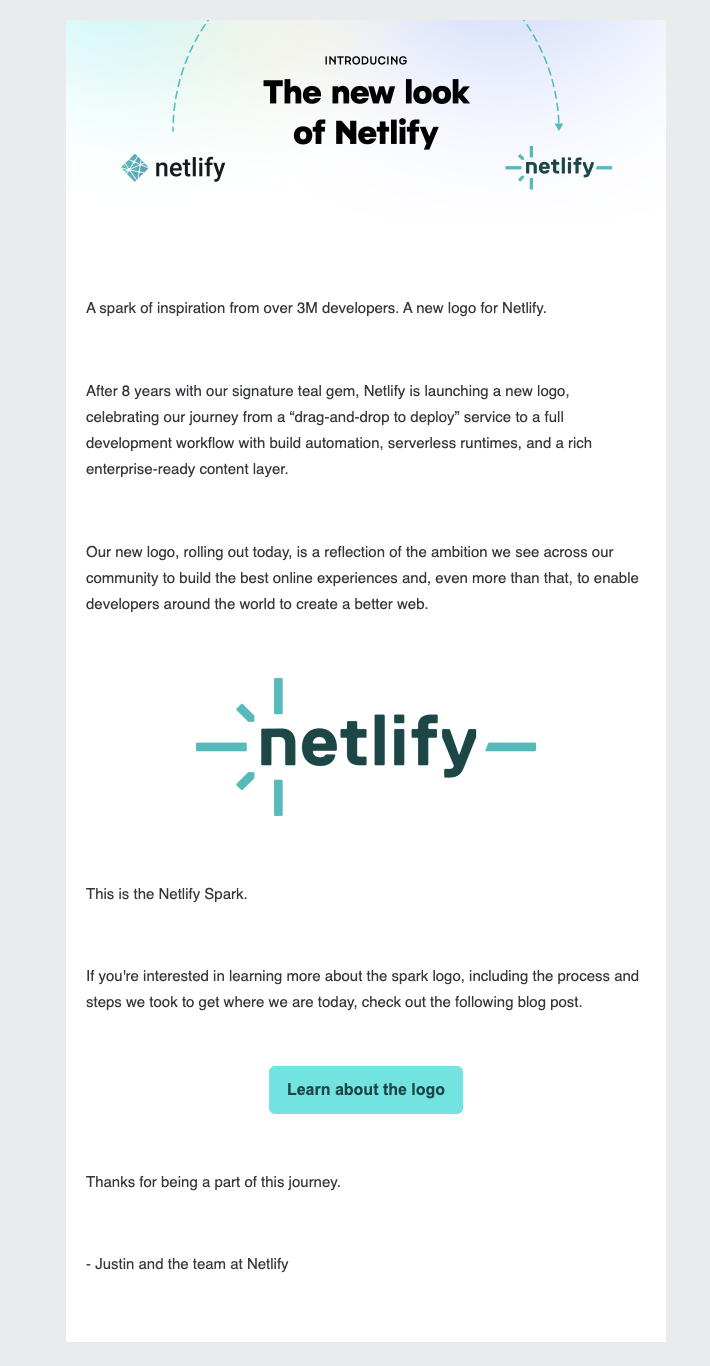 SaaS Rebranding Announcement Emails: Screenshot of Netlify's email announcing their new visual branding